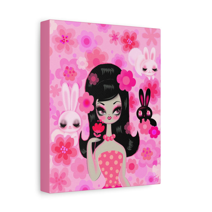 Mod Girl with Bunnies and Flowers • Canvas Gallery Wrap