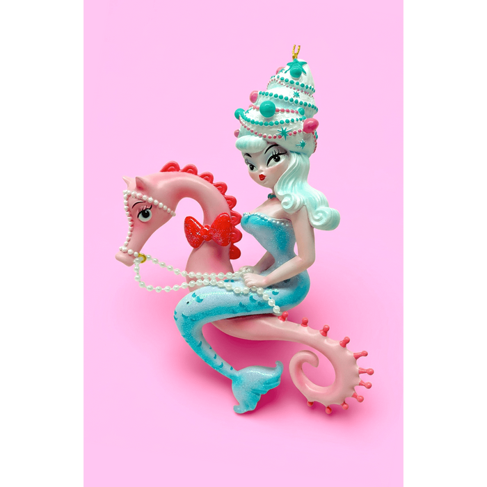 Nina Noelle 6.5" Blue Hair Bouffant Mermaid on Seahorse Ornament