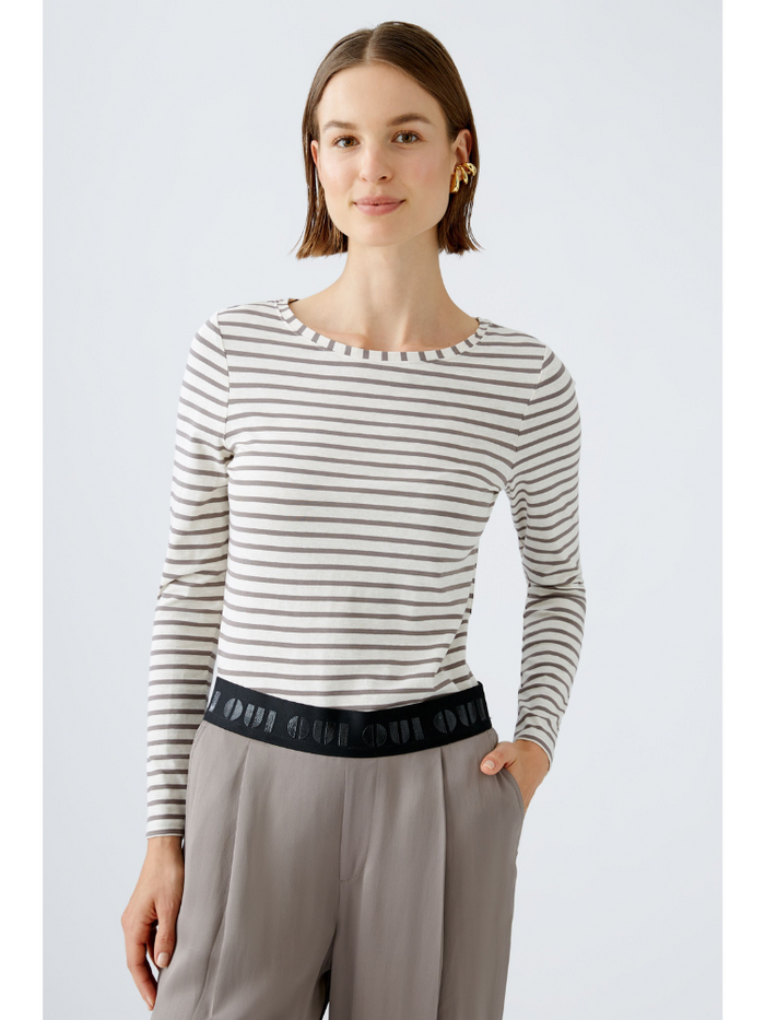 Oui Striped Long Sleeve Top Off White & Brown