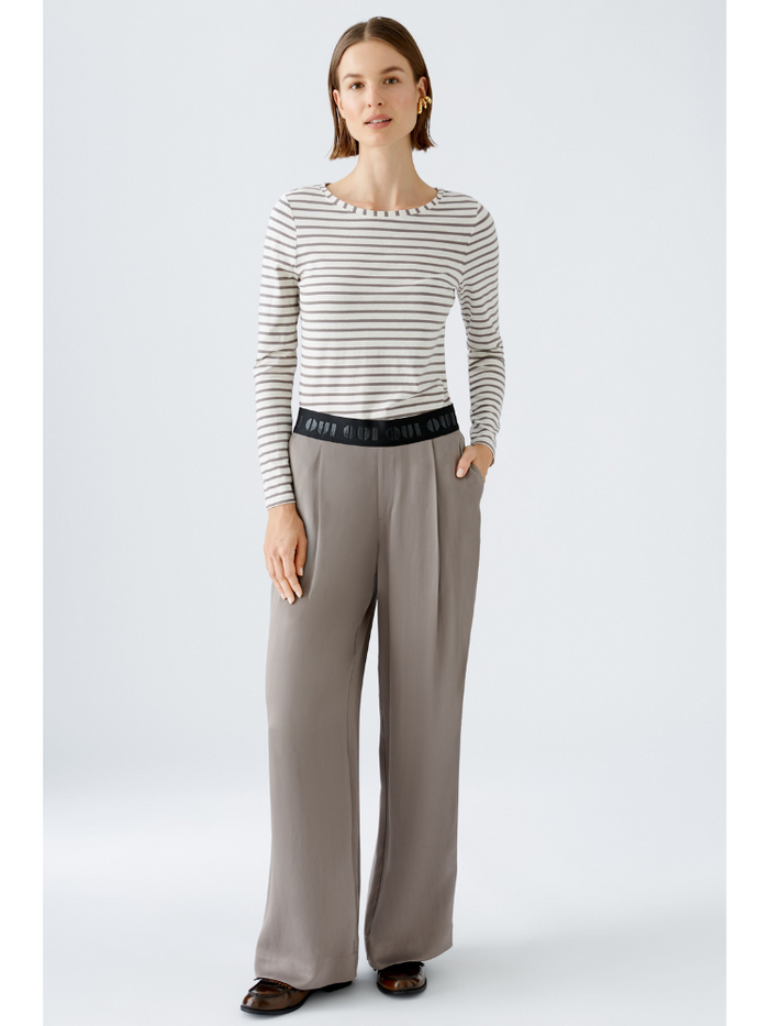 Oui Striped Long Sleeve Top Off White & Brown