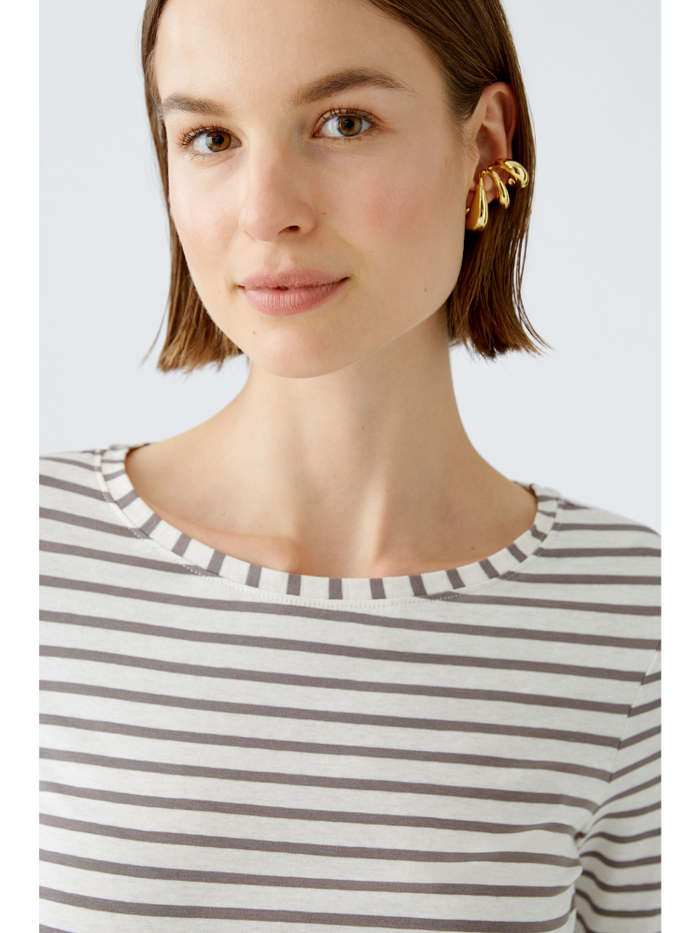 Oui Striped Long Sleeve Top Off White & Brown