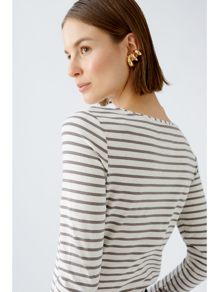 Oui Striped Long Sleeve Top Off White & Brown