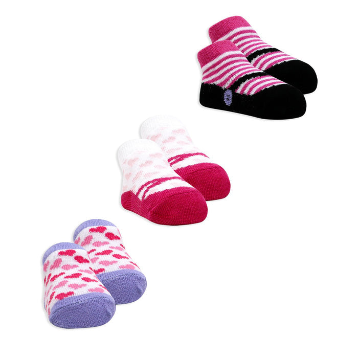 Pink Baby Crew Socks 3 Pairs – Hearts & Stripes (0–6 Months)