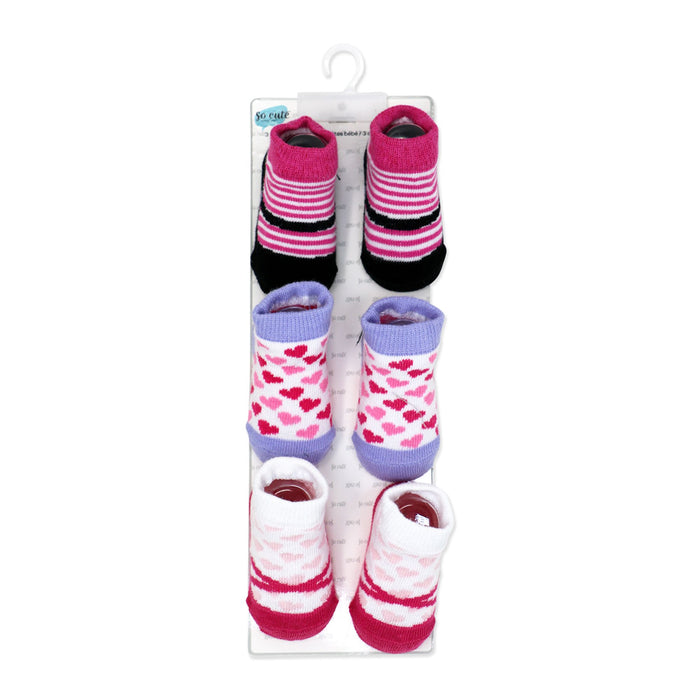 Pink Baby Crew Socks 3 Pairs – Hearts & Stripes (0–6 Months)