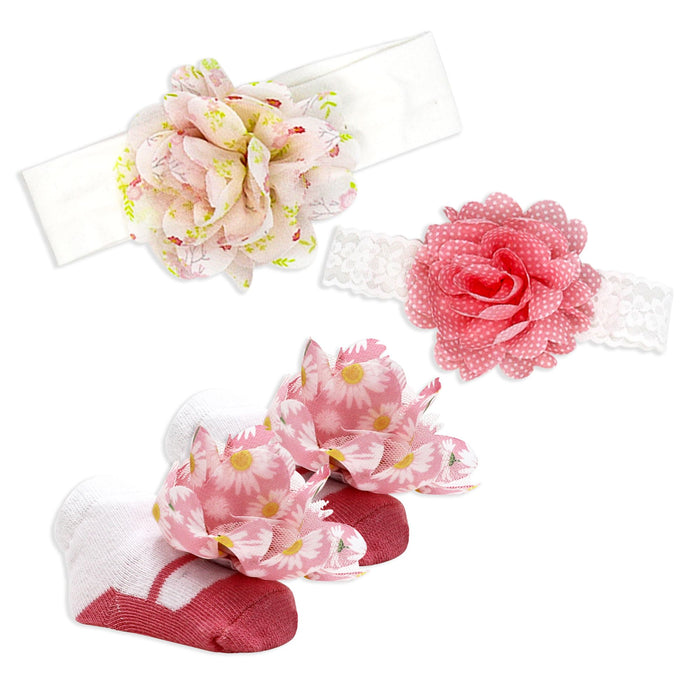 Pink Flower Baby Headband & Sock Set – 3pc (0–6 Months)