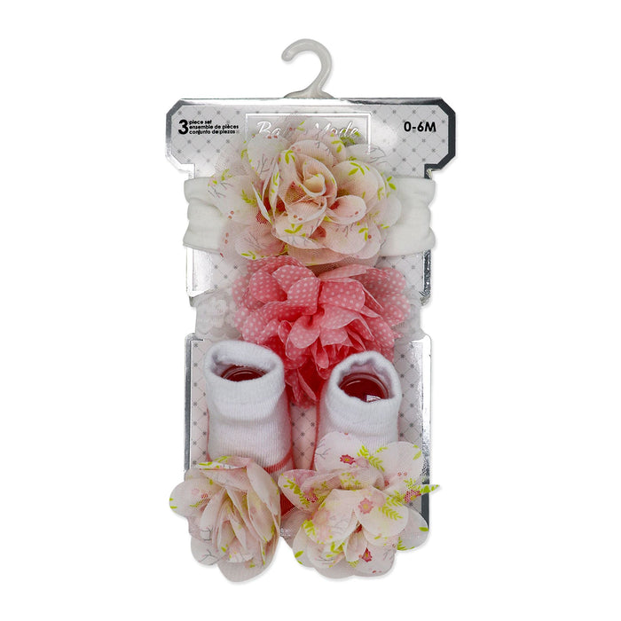 Pink Flower Baby Headband & Sock Set – 3pc (0–6 Months)