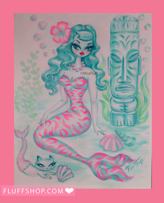 Pink Tiger Mermaid with Merkitten • Original Drawing 11x14