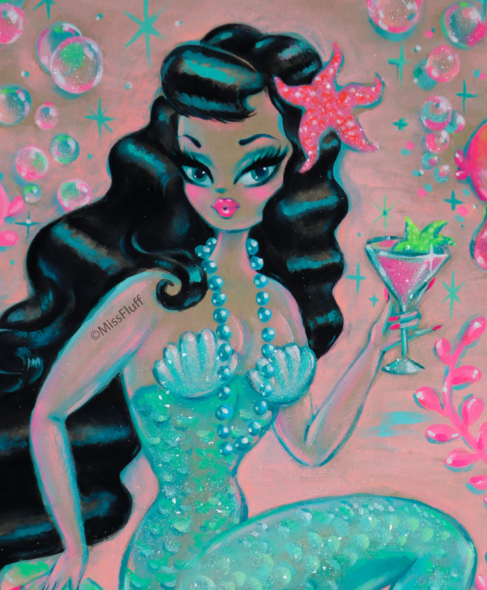 Raven Hair Mermaid with Martini• Original Drawing 11x14