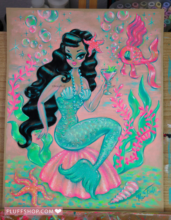 Raven Hair Mermaid with Martini• Original Drawing 11x14