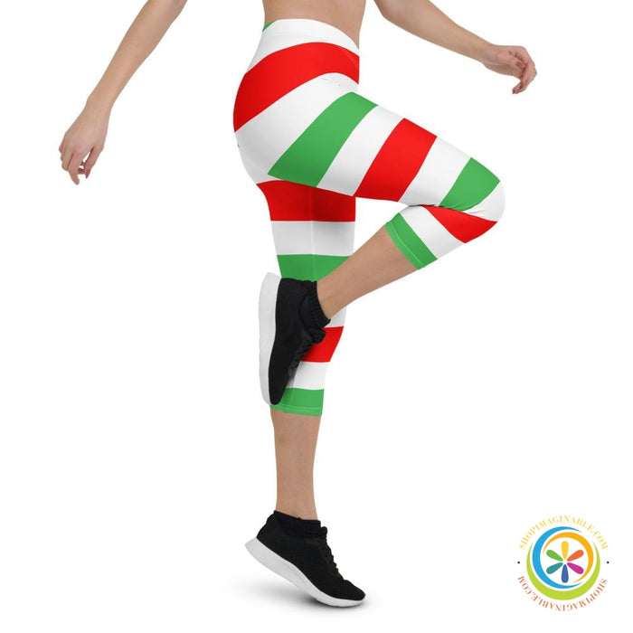 Red White & Green Candy Cane Striped Capri Leggings-ShopImaginable.com