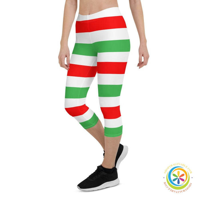Red White & Green Candy Cane Striped Capri Leggings-ShopImaginable.com