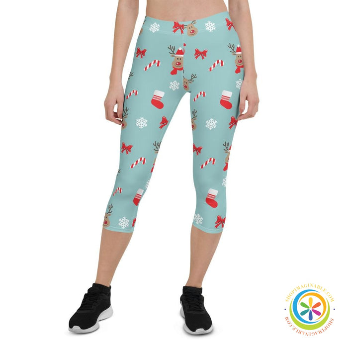 Reindeer Santa Candy Cane Capri Cropped Leggings-ShopImaginable.com
