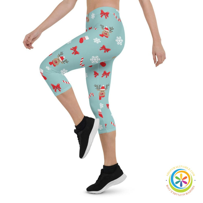 Reindeer Santa Candy Cane Capri Cropped Leggings-ShopImaginable.com