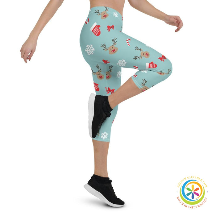 Reindeer Santa Candy Cane Capri Cropped Leggings-ShopImaginable.com