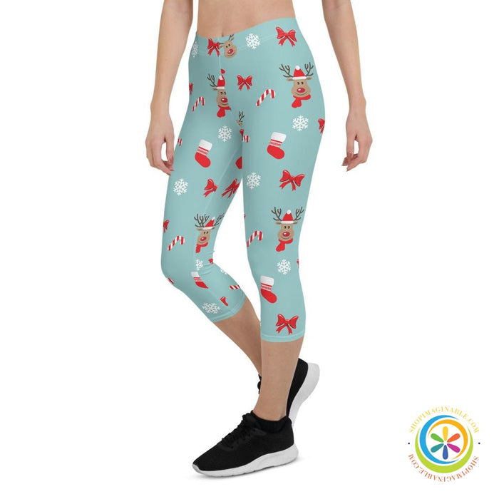 Reindeer Santa Candy Cane Capri Cropped Leggings-ShopImaginable.com