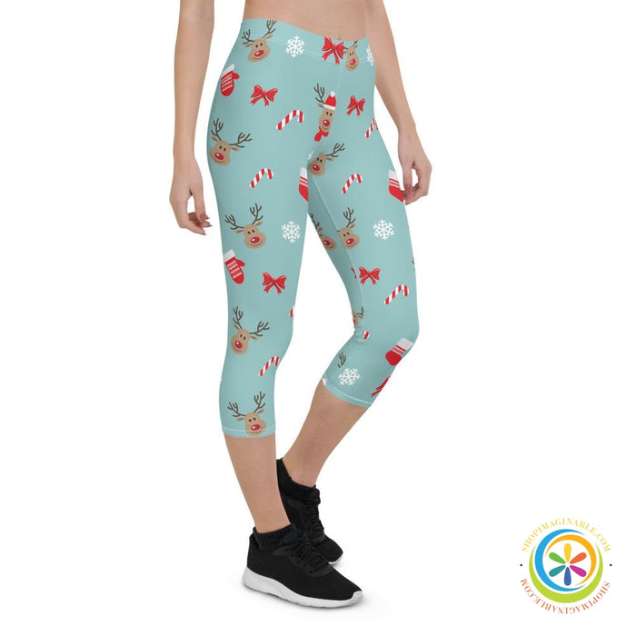 Reindeer Santa Candy Cane Capri Cropped Leggings-ShopImaginable.com