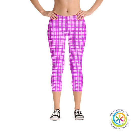 Stylish Pink Plaid Capri Leggings-ShopImaginable.com