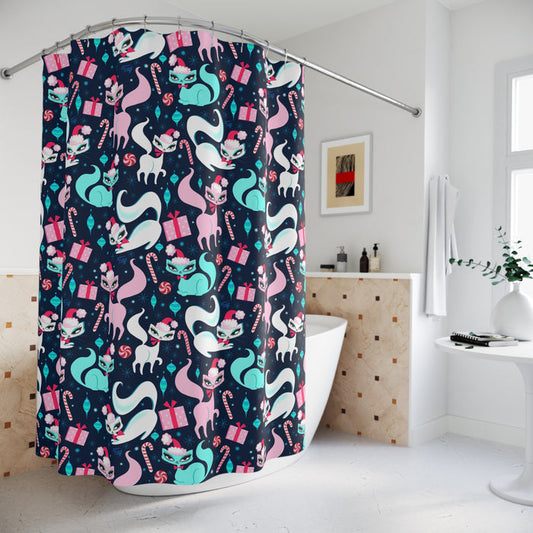 Swanky Christmas Kittens Dark Blue • Shower Curtain