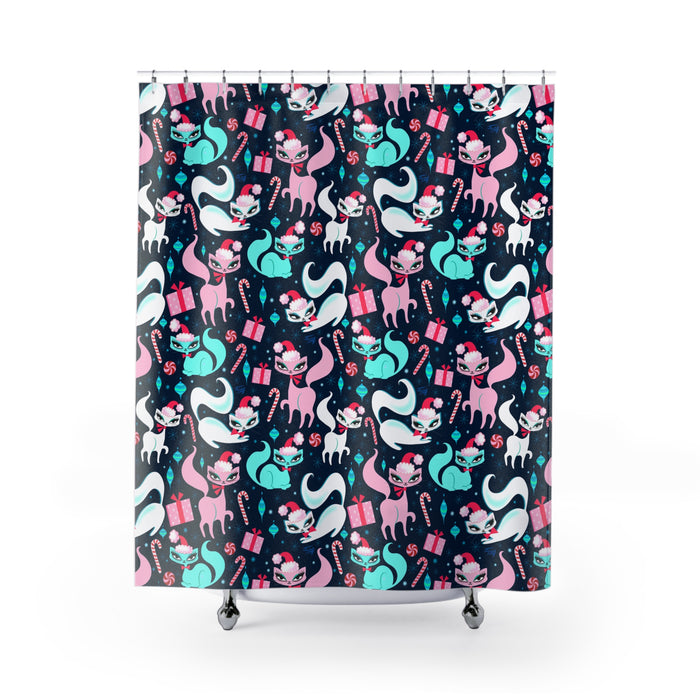 Swanky Christmas Kittens Dark Blue • Shower Curtain