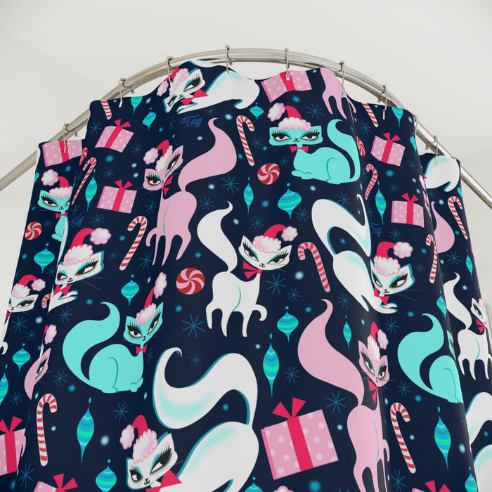 Swanky Christmas Kittens Dark Blue • Shower Curtain
