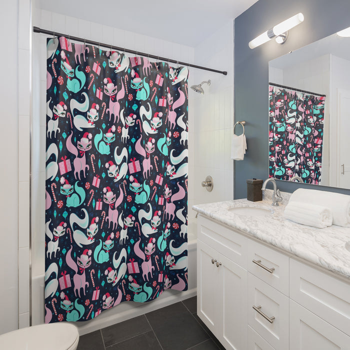 Swanky Christmas Kittens Dark Blue • Shower Curtain