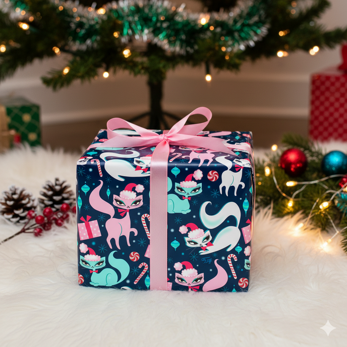 Swanky Kittens Christmas Dark Blue • Gift Wrap Paper 3 Rolls