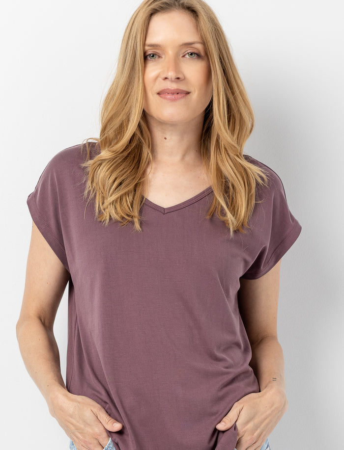 T-shirt à col en V et manches dolman pour femme