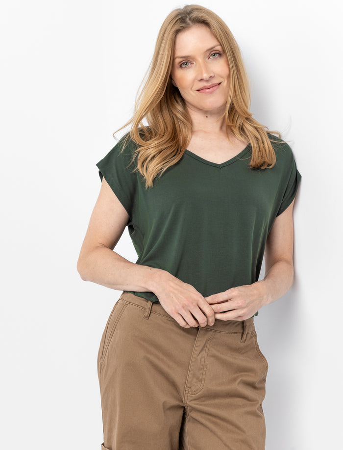 T-shirt à col en V et manches dolman pour femme