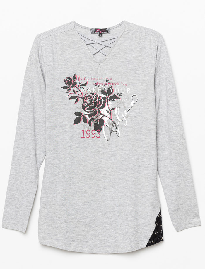 T-shirt imprimé à col en V lacé