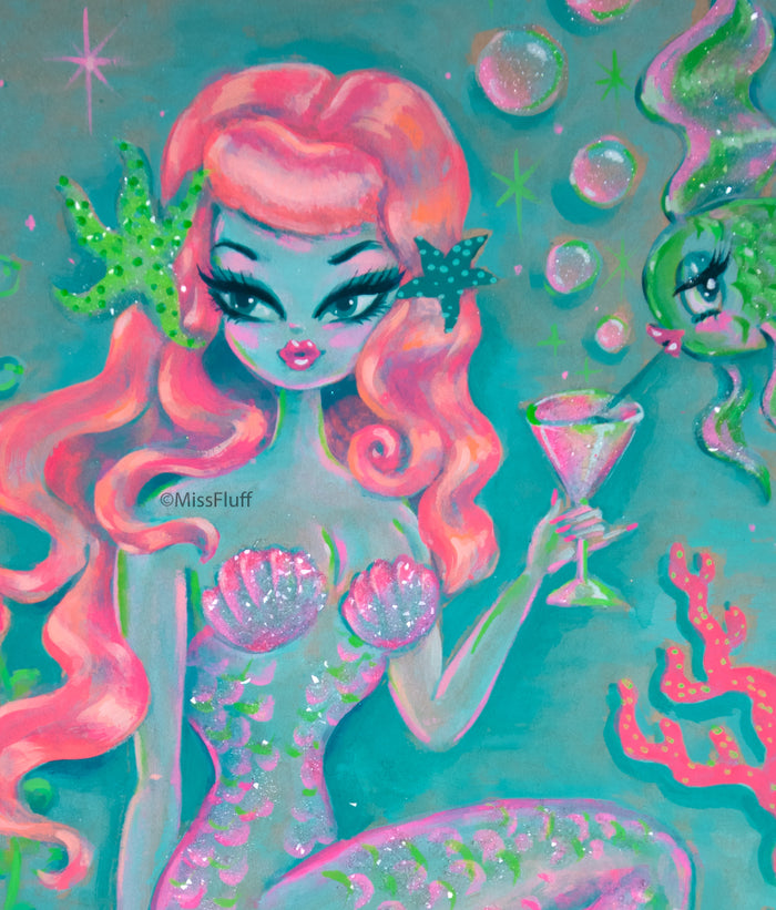 Tangerine Hair Mermaid on a Shell • Original Drawing 11x14