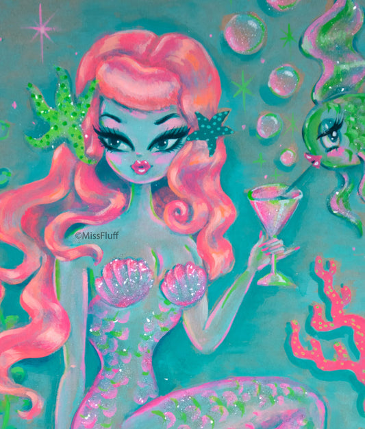 Tangerine Hair Mermaid on a Shell • Original Drawing 11x14