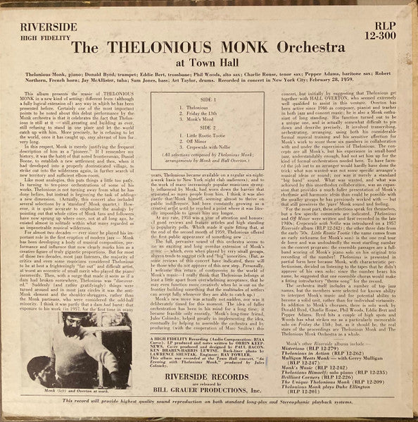 The Thelonious Monk Orchestra - At Town Hall (LP) [US] 1st (Very Good (VG))