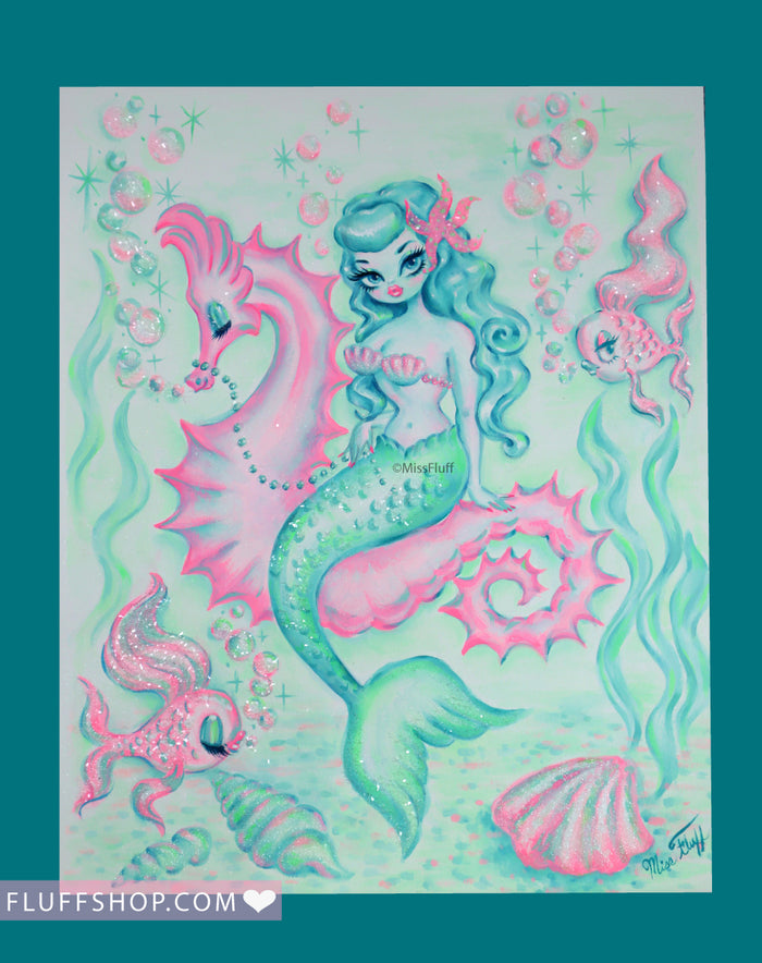 Turquoise Hair Mermaid on Pink Seahorse • Original Drawing 11x14