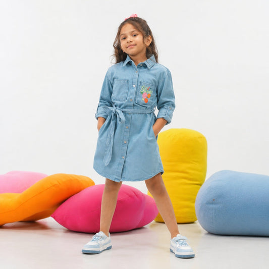VITAMINS FLORAL EMBROIDERED DENIM DRESS