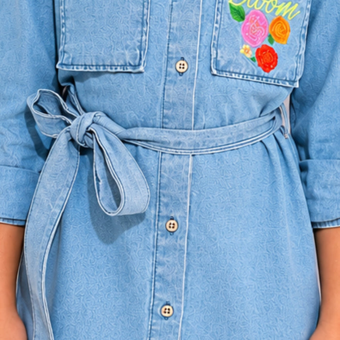 VITAMINS FLORAL EMBROIDERED DENIM DRESS