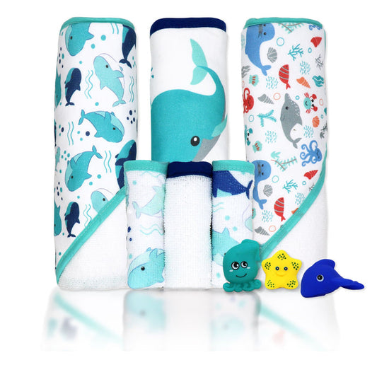 Whale Baby Bath Set – 100% Polyester Hooded Towel, Washcloths & BPA-Free Bath Toys