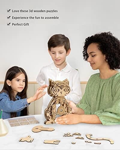 Wooden 3D Puzzles for Adults Model kit Cat Clock Home Decor Cats Pet Clever