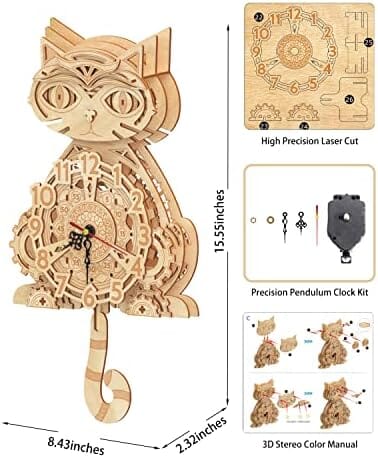 Wooden 3D Puzzles for Adults Model kit Cat Clock Home Decor Cats Pet Clever