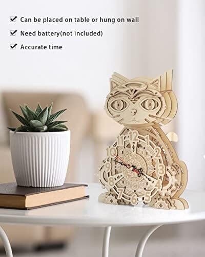Wooden 3D Puzzles for Adults Model kit Cat Clock Home Decor Cats Pet Clever